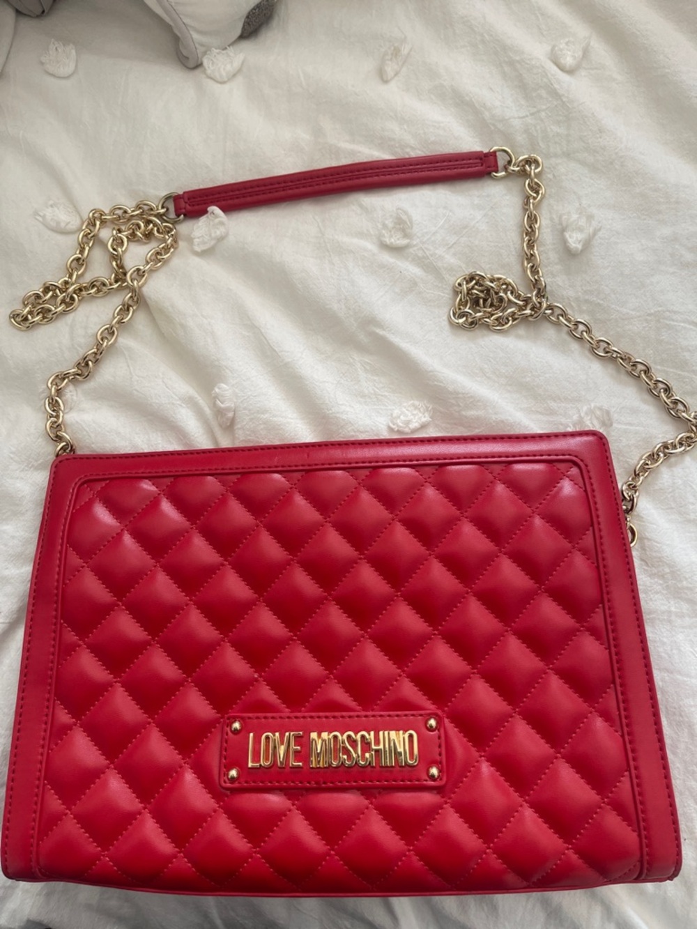 Love Moschino Red Quilted Shoulder Bag with Gold Hardware and Chain